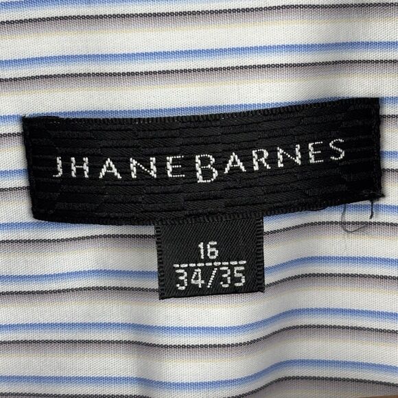 Jhane Barnes Men Dress Shirt Sz 16/34-35 White Striped Blue Grey Cotton Long Slv - Picture 4 of 9